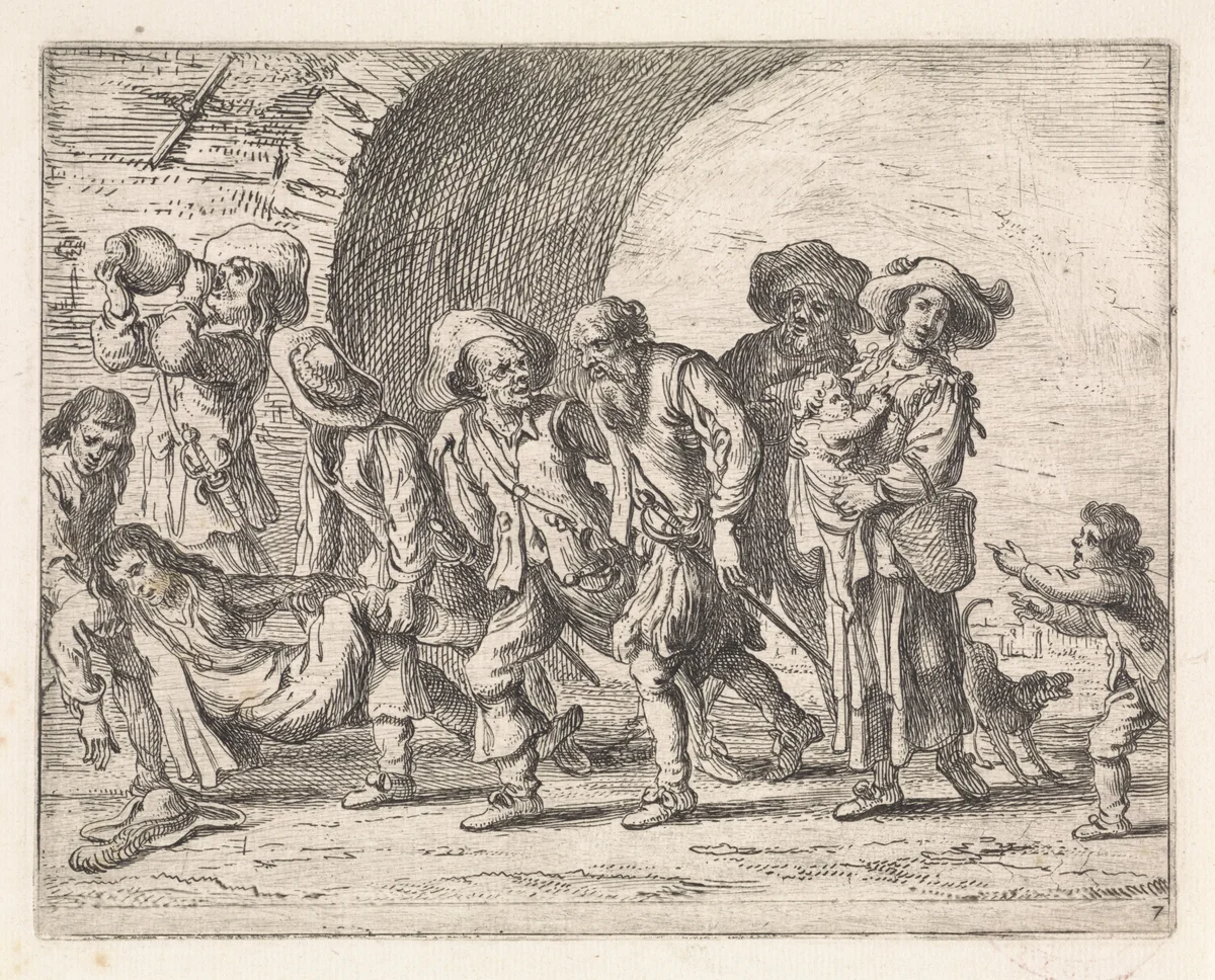 Dronken gezelschap bij stadspoort by Cornelis de Wael, print, 1630-1648