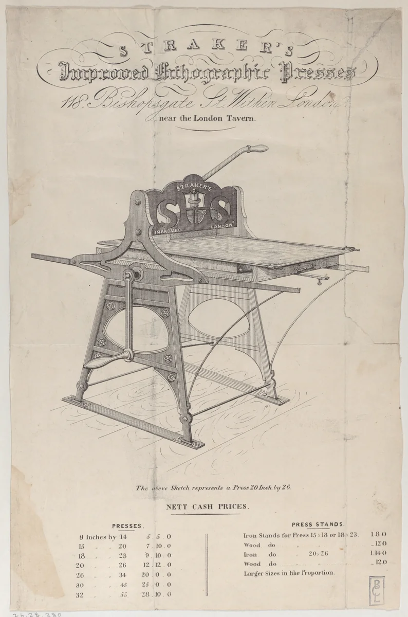 Trade Card for Straker's Improved Lithographic Presses by anonymous, print, 1800-1900