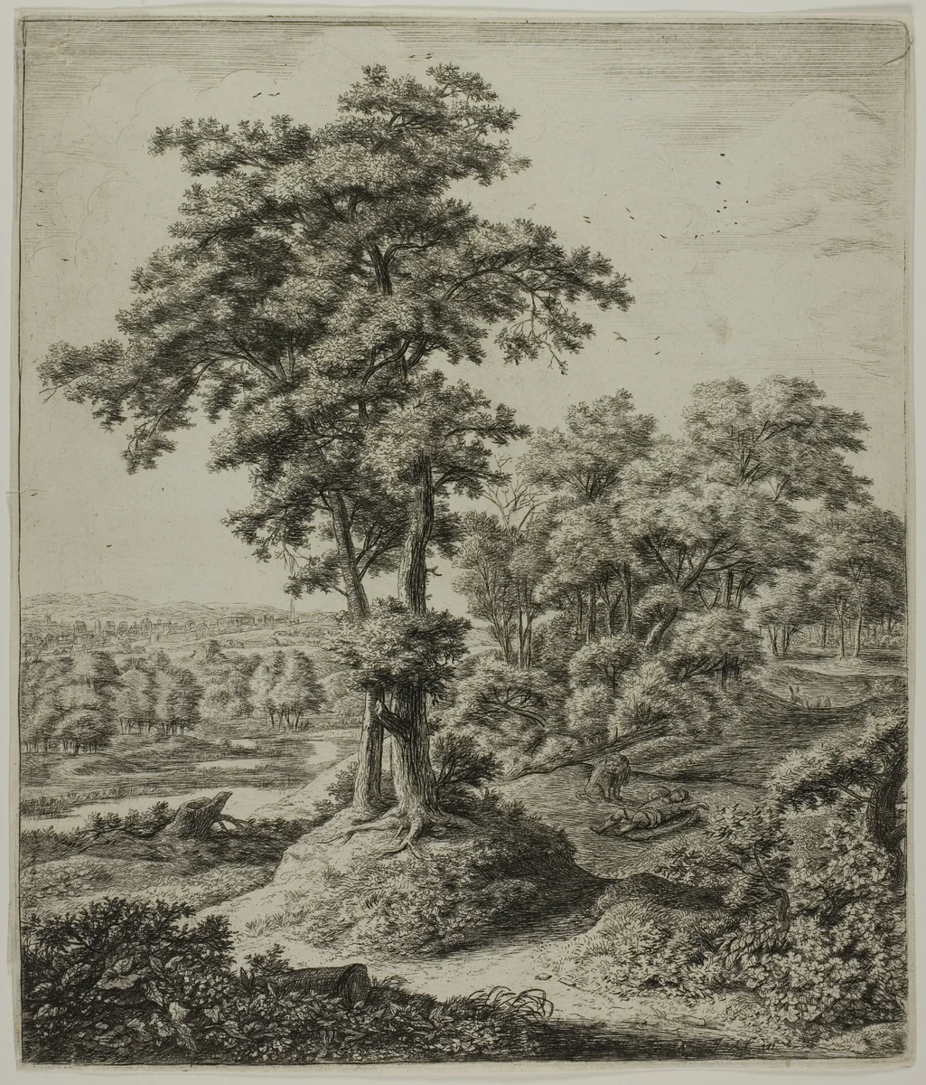 The Unfaithful Prophet of Judah, from Six Large Upright Landscapes with Scenes from the Old Testament by Anthonie Waterloo, print, 1650-1660