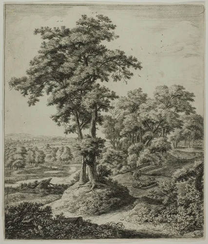 The Unfaithful Prophet of Judah, from Six Large Upright Landscapes with Scenes from the Old Testament by Anthonie Waterloo, print, 1650-1660