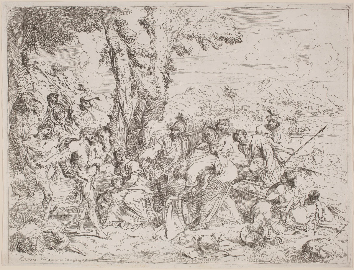 Rachel Concealing Laban's Idols by Andrea De Leone; Giovanni Benedetto Castiglione, print, 1609-1664