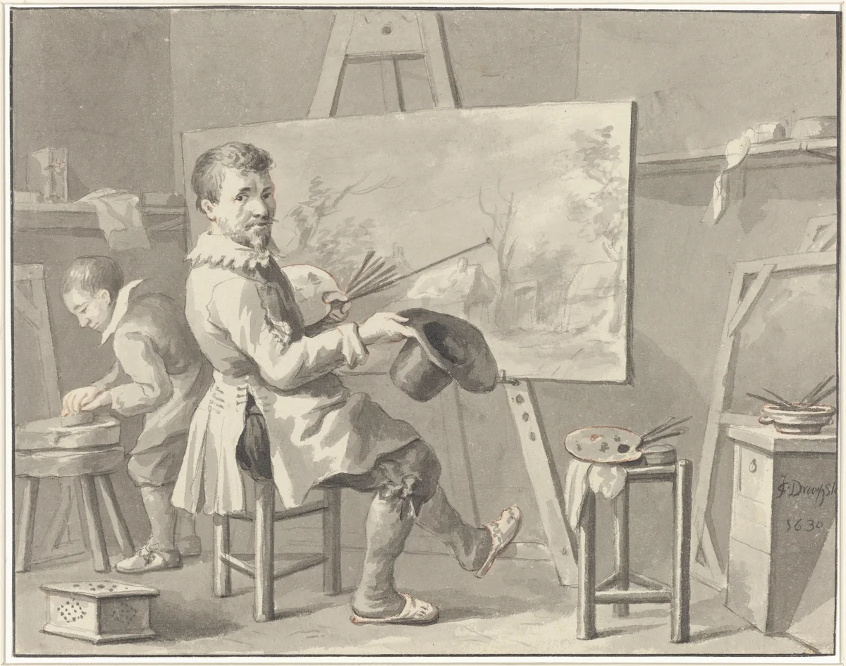 Portret van Joost Corneliszn. Droochsloot in zijn atelier zittende achter een ezel met landschap by Martinus Schouman, drawing, 1780-1848