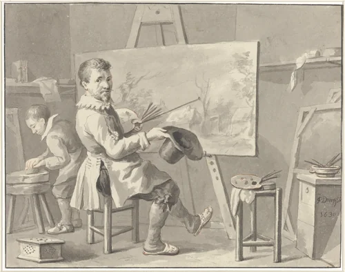 Portret van Joost Corneliszn. Droochsloot in zijn atelier zittende achter een ezel met landschap by Martinus Schouman, drawing, 1780-1848