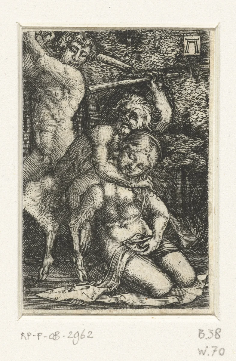Sater en een man vechten om een vrouw by Unknown, print, 1506-1538