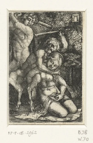 Sater en een man vechten om een vrouw by Unknown, print, 1506-1538