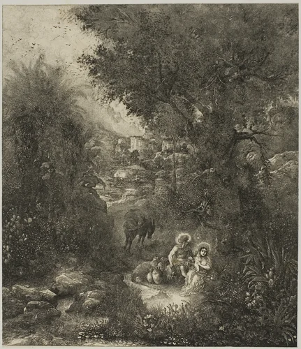 Rest on the Flight into Egypt with Saddled Donkey by Rodolphe Bresdin, print, 1871