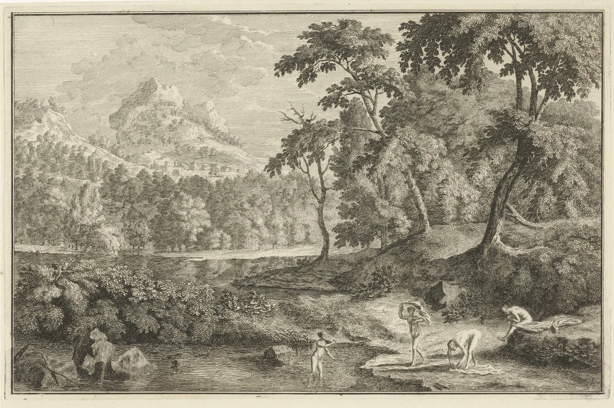Arcadisch landschap met badende vrouwen by Adolf van der Laan, print, 1710-1747