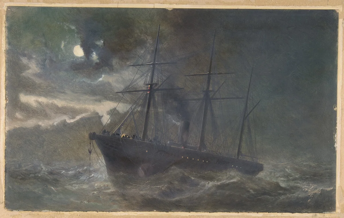 The Albany Buoying a Bight of the Cable of 1865 on the Night of August 26th, 1866 by Robert Charles Dudley, drawing, 1866