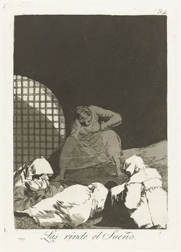 Door slaap overvallen by Francisco de Goya, print, 1797-1799