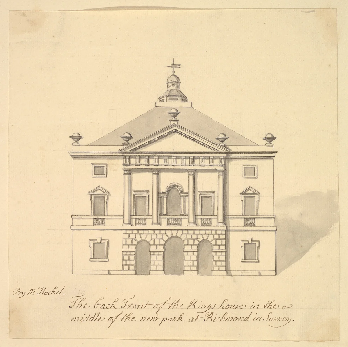 Elevation of Back Façade of the Kings House, Richmond, Surrey by Augustus Heckel, drawing, 1727-1740