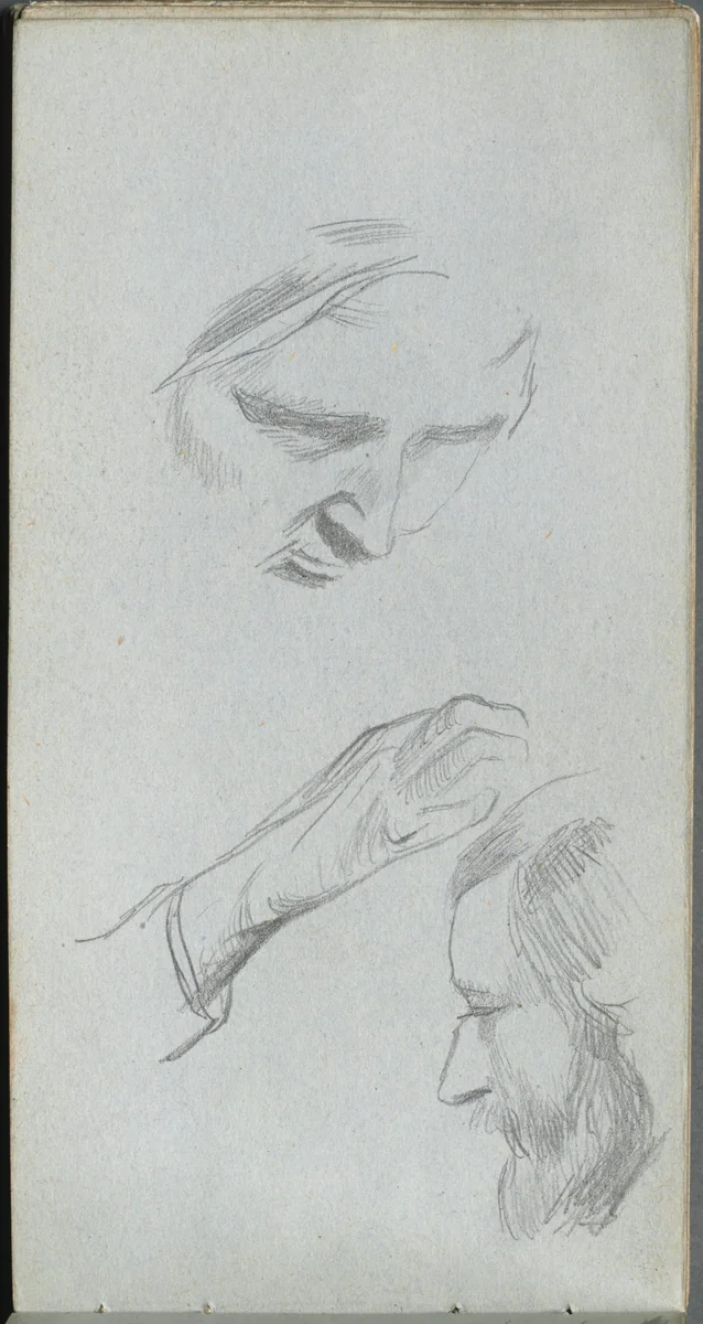 Sketchbook, page 70: Study of Two Faces and a Hand by Ernest Meissonier, book, 1860-1869