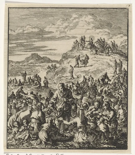 Apostelen delen brood uit aan de menigte, boven op een berg zit Christus by Jan Luyken, print, 1706