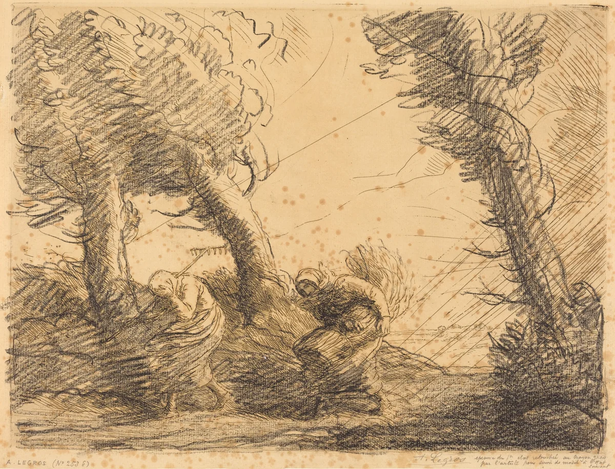 Harvesters Surprised by the Storm (Moissoneuses surprises par l'orage) by Alphonse Legros, print, 1837-1911