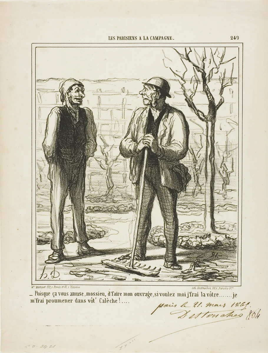“- You seems to enjoy doing my work. In exchange I could offer doing your job: I will go for a ride in your coach!,” plate 249 from Les Parisiens A La Campagne by Honoré-Victorin Daumier, print, 1865