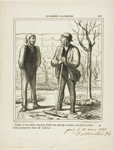 “- You seems to enjoy doing my work. In exchange I could offer doing your job: I will go for a ride in your coach!,” plate 249 from Les Parisiens A La Campagne by Honoré-Victorin Daumier, print, 1865