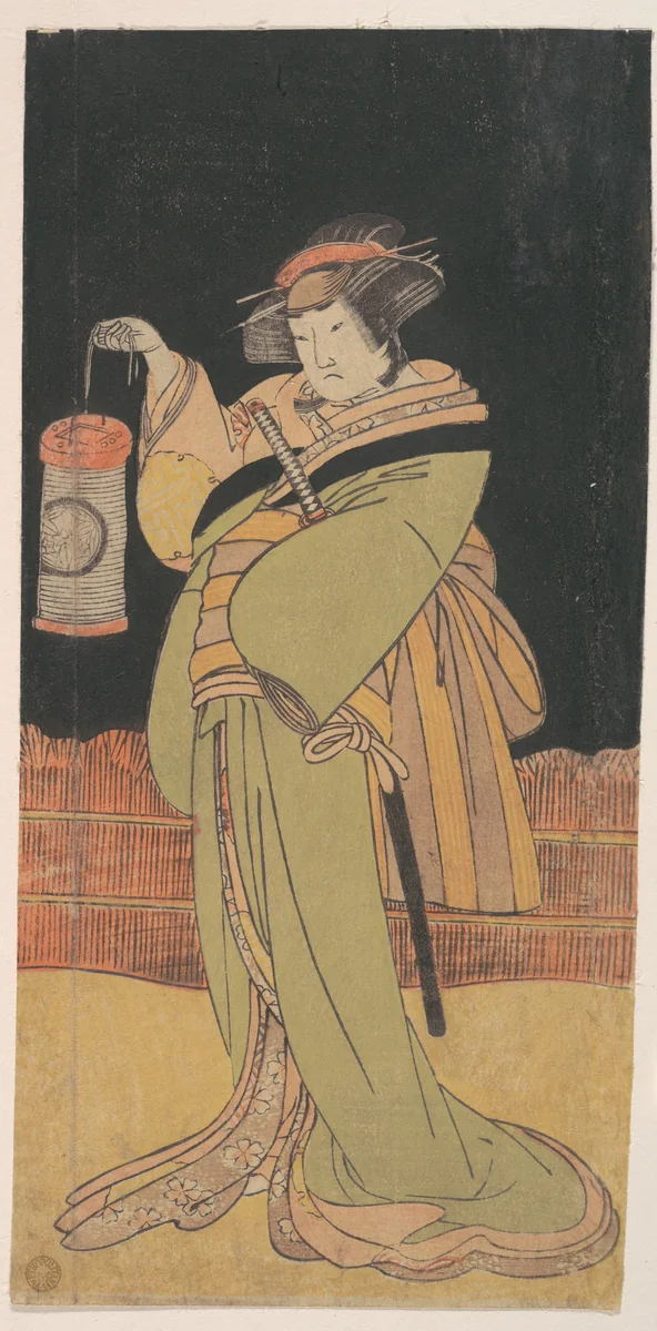 The Second Yamashita Kinsaku as a Woman Standing at Night by Katsukawa Shunshô (勝川春章), print, 1759-1779