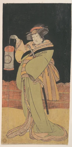 The Second Yamashita Kinsaku as a Woman Standing at Night by Katsukawa Shunshô (勝川春章), print, 1759-1779