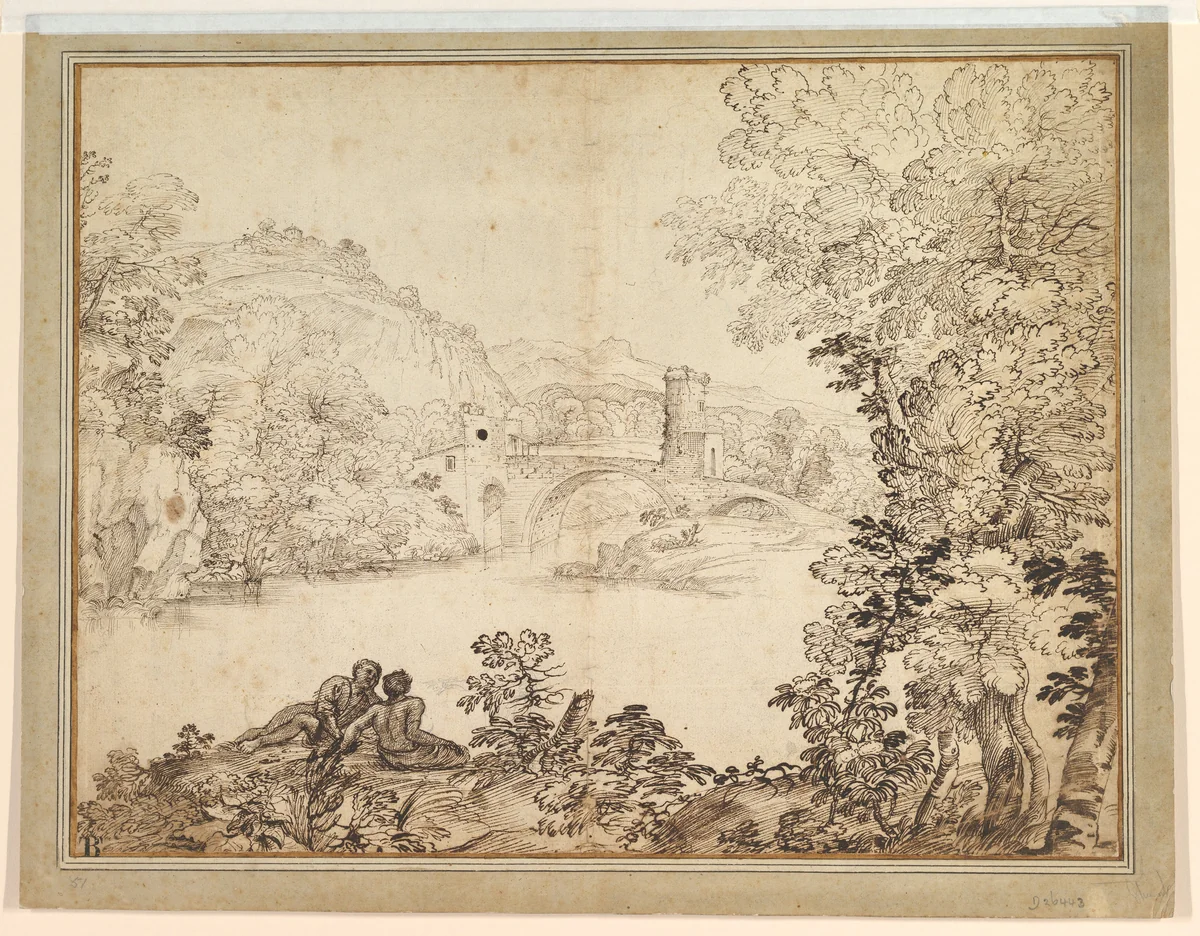 Landscape with a Bridge and Two Figures by Giovanni Francesco Grimaldi, drawing, 1606-1680