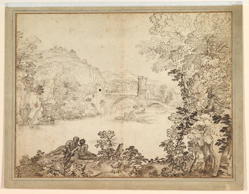 Landscape with a Bridge and Two Figures by Giovanni Francesco Grimaldi, drawing, 1606-1680