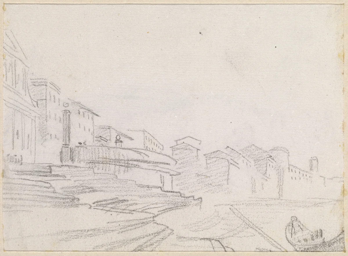 Buildings along a Riverside [verso] by Hubert Robert, drawing, 1754-1765