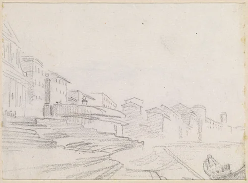 Buildings along a Riverside [verso] by Hubert Robert, drawing, 1754-1765