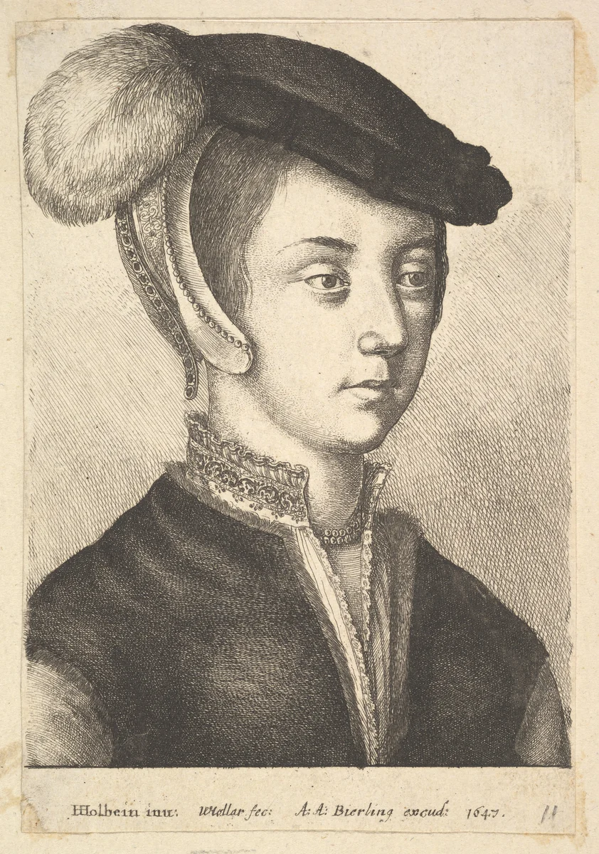 Young woman wearing a feathered cap by Wenceslaus Hollar, print, 1647