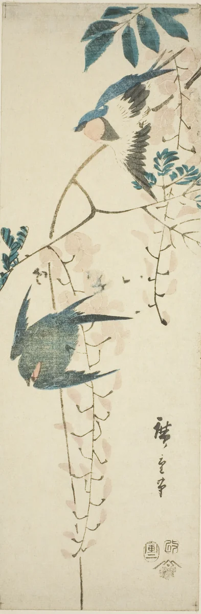 Swallows and wisteria by Utagawa Hiroshige (歌川広重), print, 1854