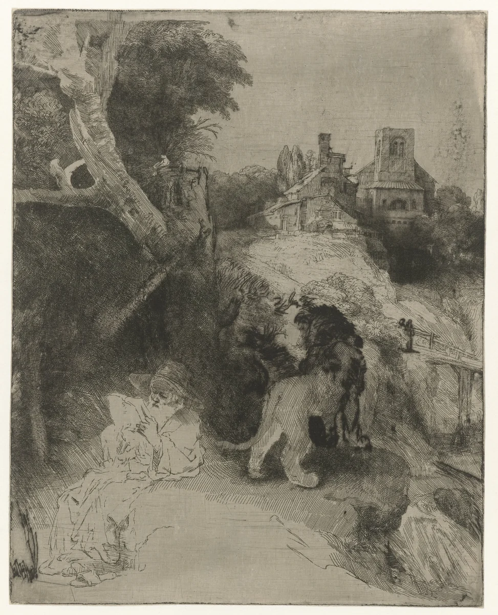 Hiëronymus lezend in een Italiaans landschap by Rembrandt van Rijn, print, 1653