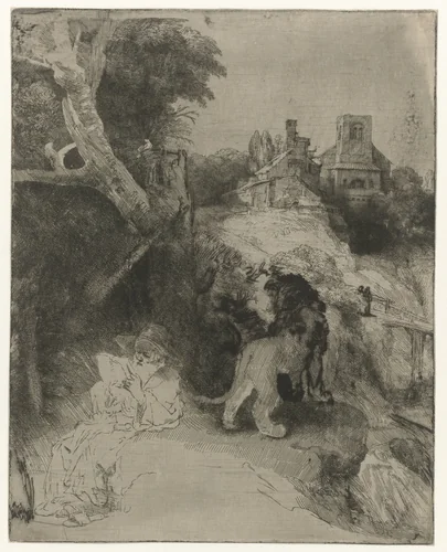 Hiëronymus lezend in een Italiaans landschap by Rembrandt van Rijn, print, 1653