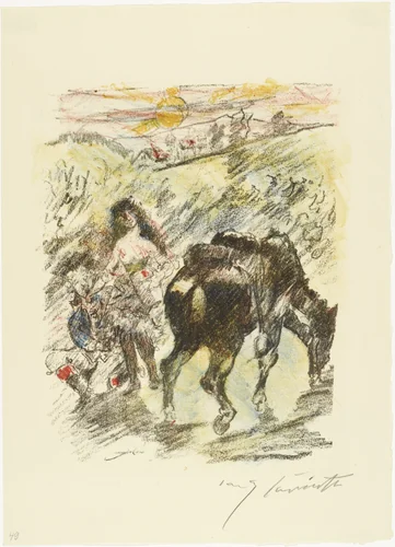 Aline Gives the Thirsty Hunter a Drink (Aline gibt dem durstigen Jäger zu trinken) from The Queen of Golconda (Die Königin von Golkonde) by Lovis Corinth, print, 1920