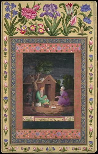 "Two Old Men in Discussion Outside a Hut", Folio from the Davis Album by Ali Quli Jabbadar, manuscript, 1649-1700