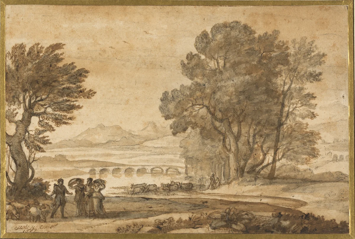 A Wooded River Landscape with Jacob, Laban, and His Daughters by Claude Lorrain, drawing, 1661