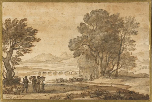 A Wooded River Landscape with Jacob, Laban, and His Daughters by Claude Lorrain, drawing, 1661