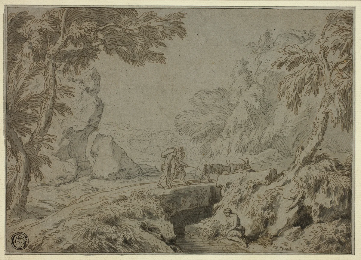Landscape with Satyr, Goats and Other Figures by Abraham Genoels II, drawing, 1660-1723