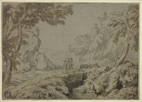 Landscape with Satyr, Goats and Other Figures by Abraham Genoels II, drawing, 1660-1723