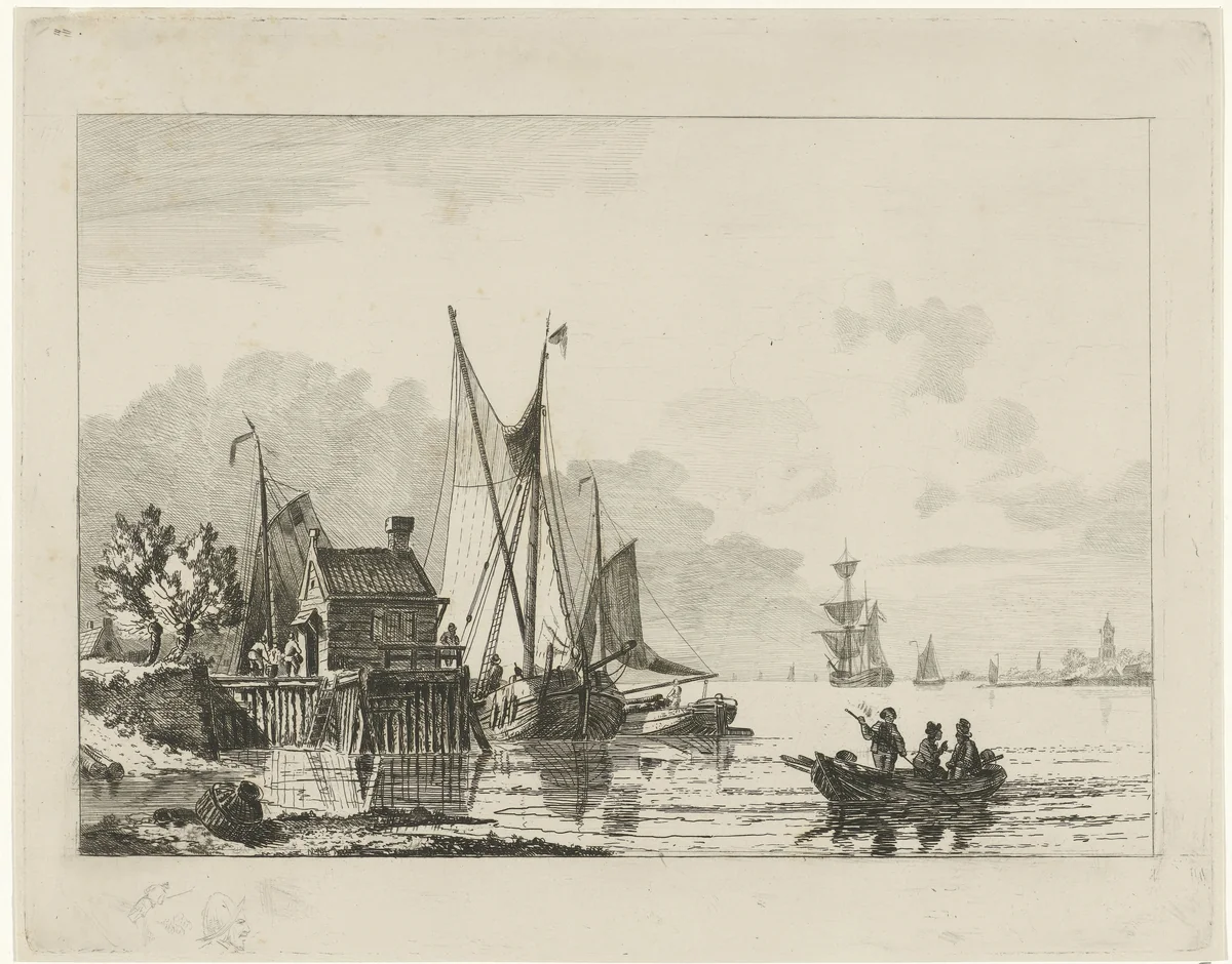 Riviergezicht met aangemeerde zeilschepen by Willem Gruyter jr., print, 1832-1880