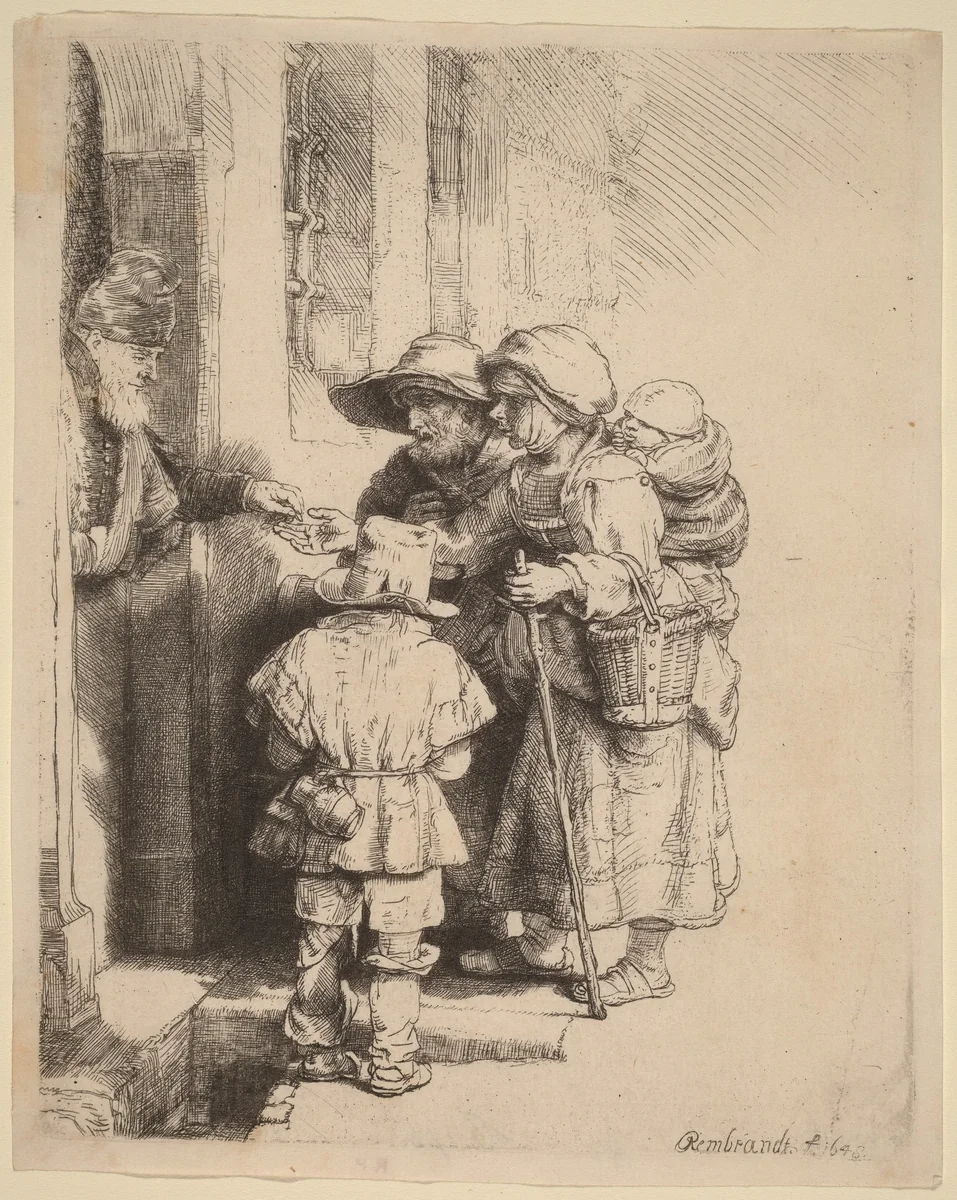 Beggars Receiving Alms at the Door of a House by Rembrandt van Rijn, print, 1648