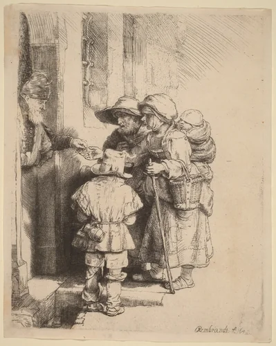 Beggars Receiving Alms at the Door of a House by Rembrandt van Rijn, print, 1648