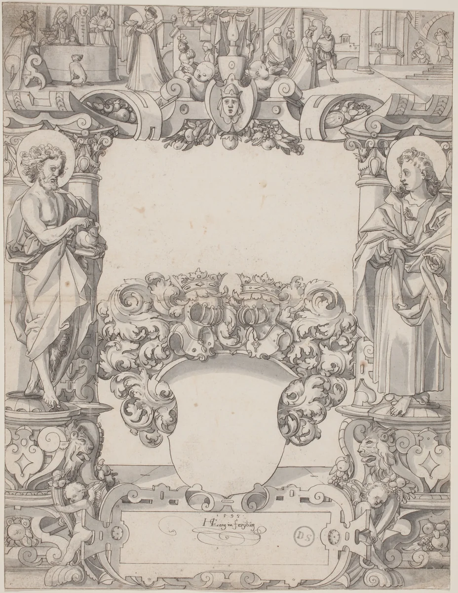 Glass Design with Saint John the Baptist and Saint John the Evangelist by Hans Kaspar Lang, drawing, 1595