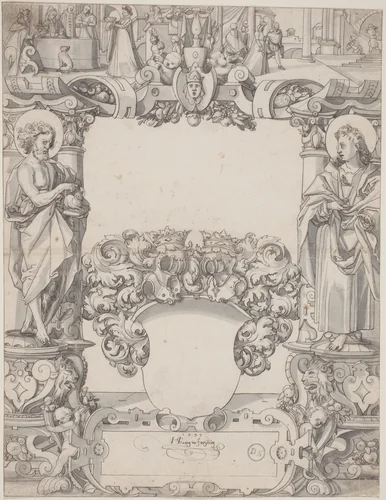 Glass Design with Saint John the Baptist and Saint John the Evangelist by Hans Kaspar Lang, drawing, 1595