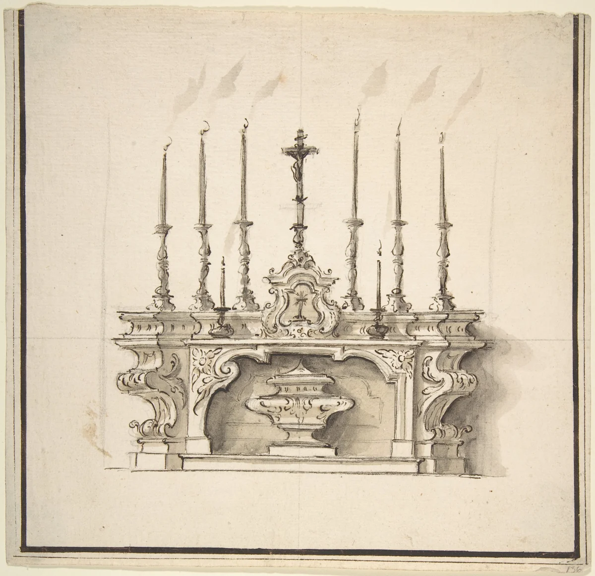 Design for an Altar With Six Large Candelabra by anonymous, drawing, 1700-1780