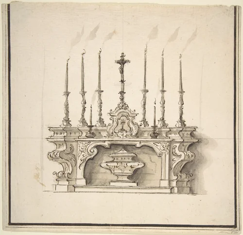 Design for an Altar With Six Large Candelabra by anonymous, drawing, 1700-1780