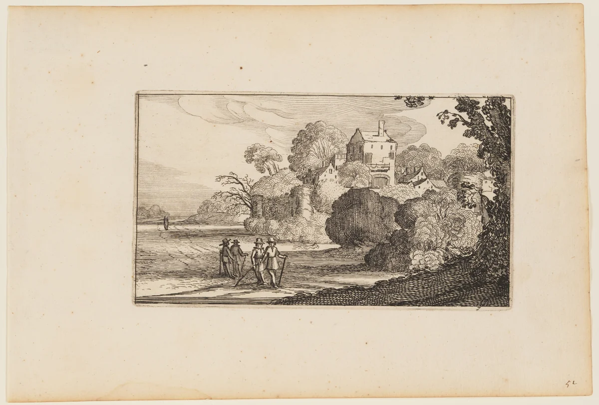 Path to Left of Walled Building Complex Amid Trees, from Twelve landscapes with Figures by Gillis van Scheyndel, print, 1624