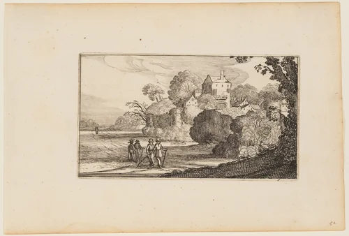 Path to Left of Walled Building Complex Amid Trees, from Twelve landscapes with Figures by Gillis van Scheyndel, print, 1624