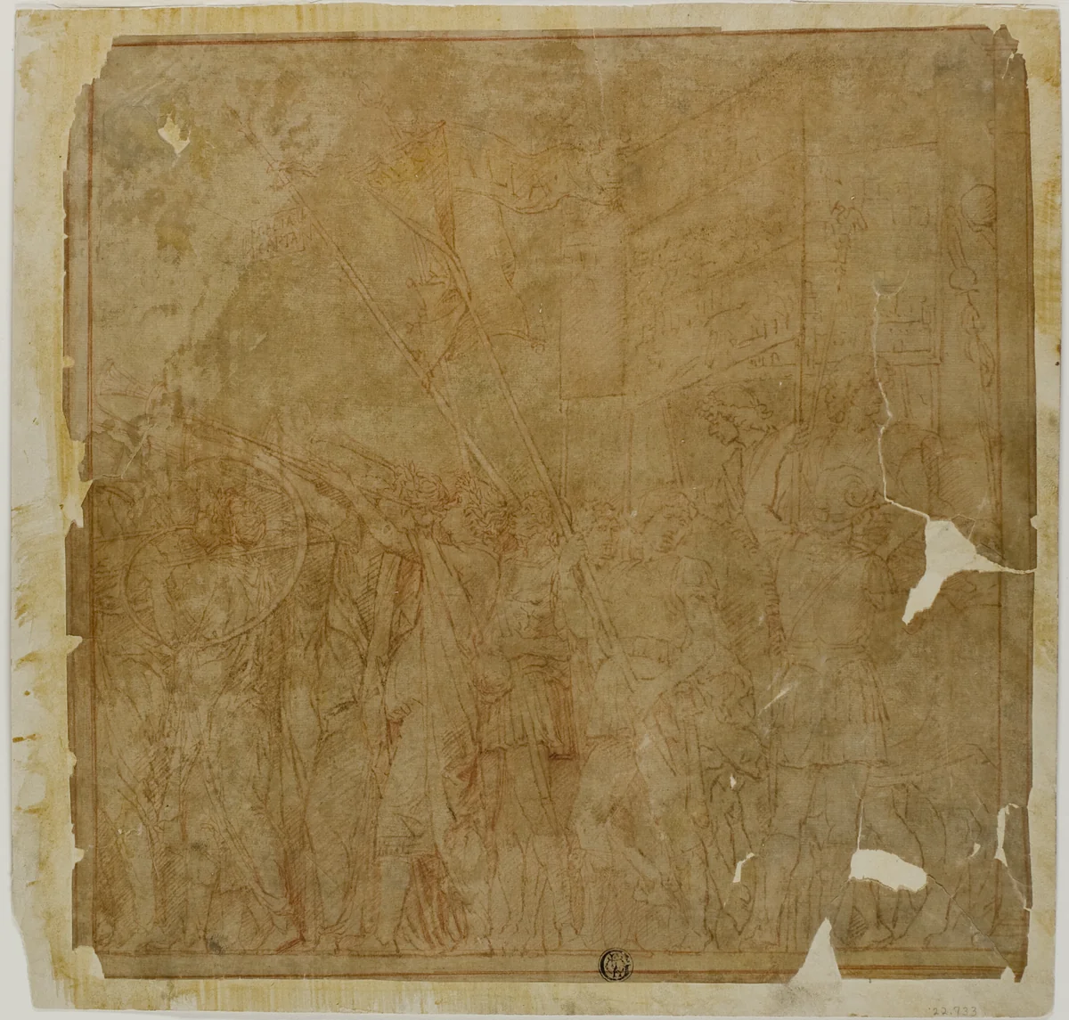 Study for the Triumphs of Julius Caesar: Canvas No. I by Andrea Mantegna, drawing, 1490-1550