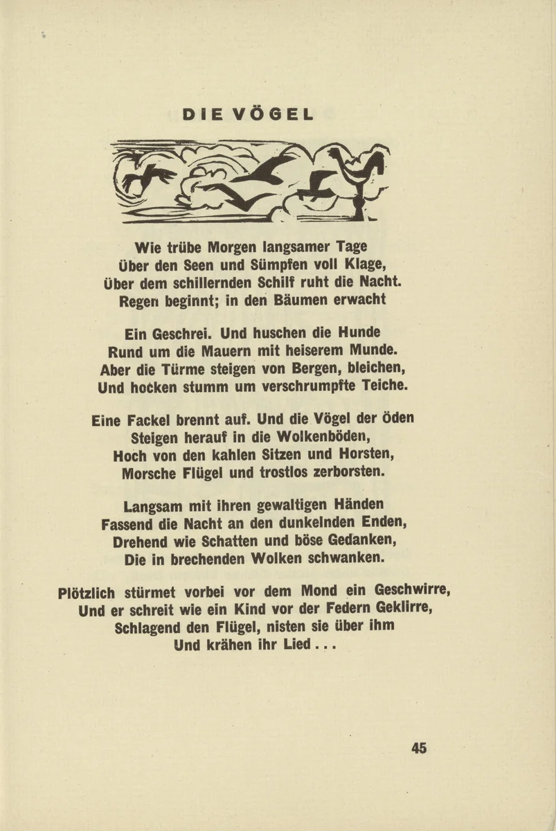 The Birds (Die Vögel) (headpiece, page 45) from Umbra vitae (Shadow of Life) by Ernst Ludwig Kirchner, illustrated book, 1924