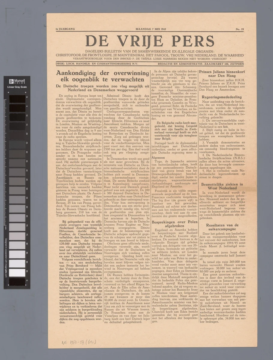 De Vrije Pers by Samenwerkende ex-illegale organen, other, 1945