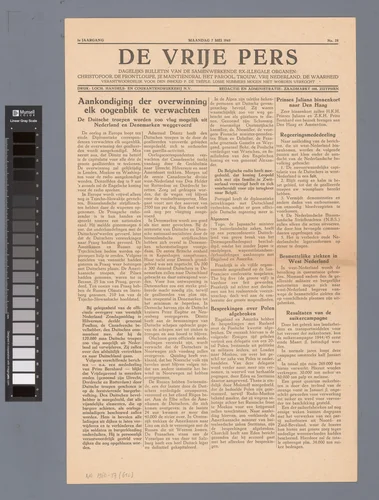 De Vrije Pers by Samenwerkende ex-illegale organen, other, 1945