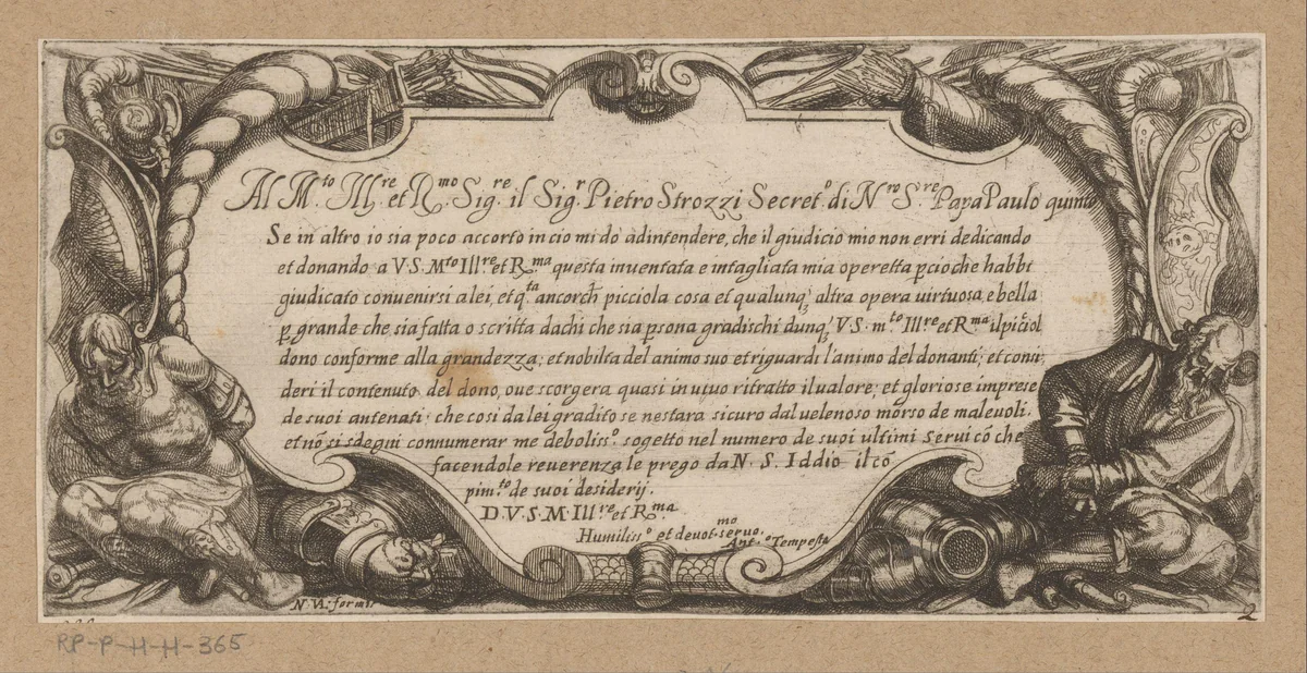 Titelprent met cartouche met twee gevangenen tussen wapentuig en een opdracht by Antonio Tempesta, print, 1565-1630