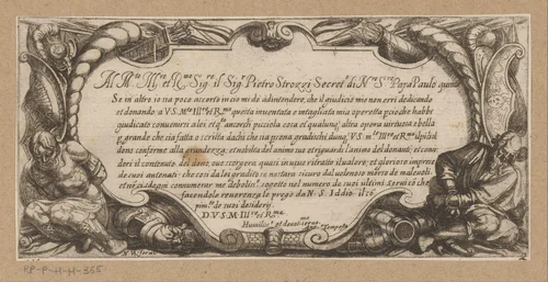 Titelprent met cartouche met twee gevangenen tussen wapentuig en een opdracht by Antonio Tempesta, print, 1565-1630